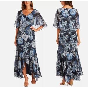 R&M‎ Richards Navy Blue Floral High Low Chiffon Dress Evening Formal Size 6 NWT